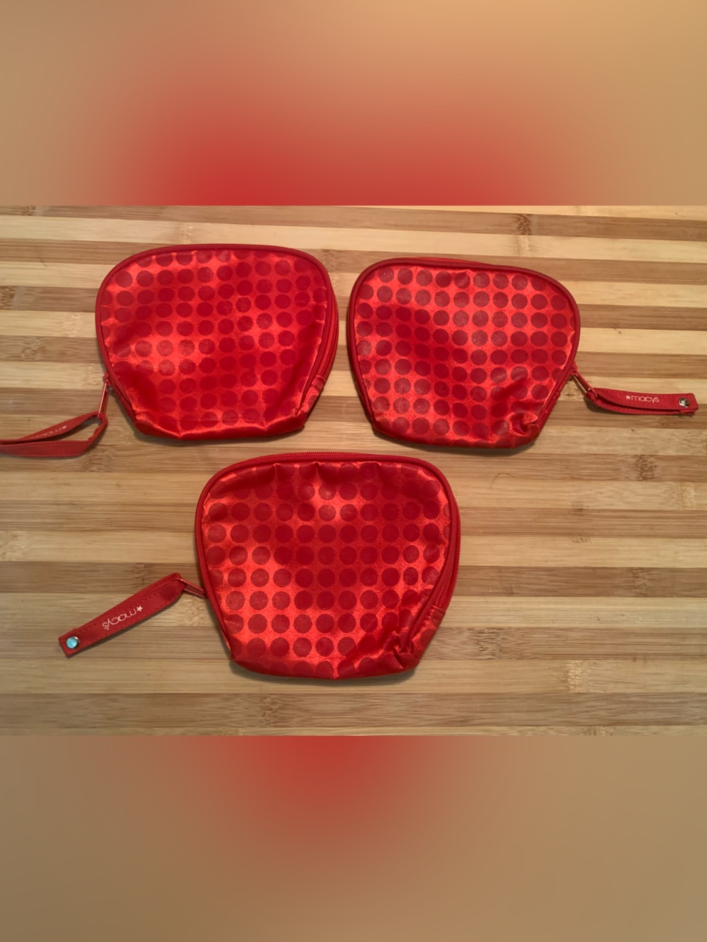 Macy's Red Satin Polka Dot Cosmetic Pouch - Set of 3